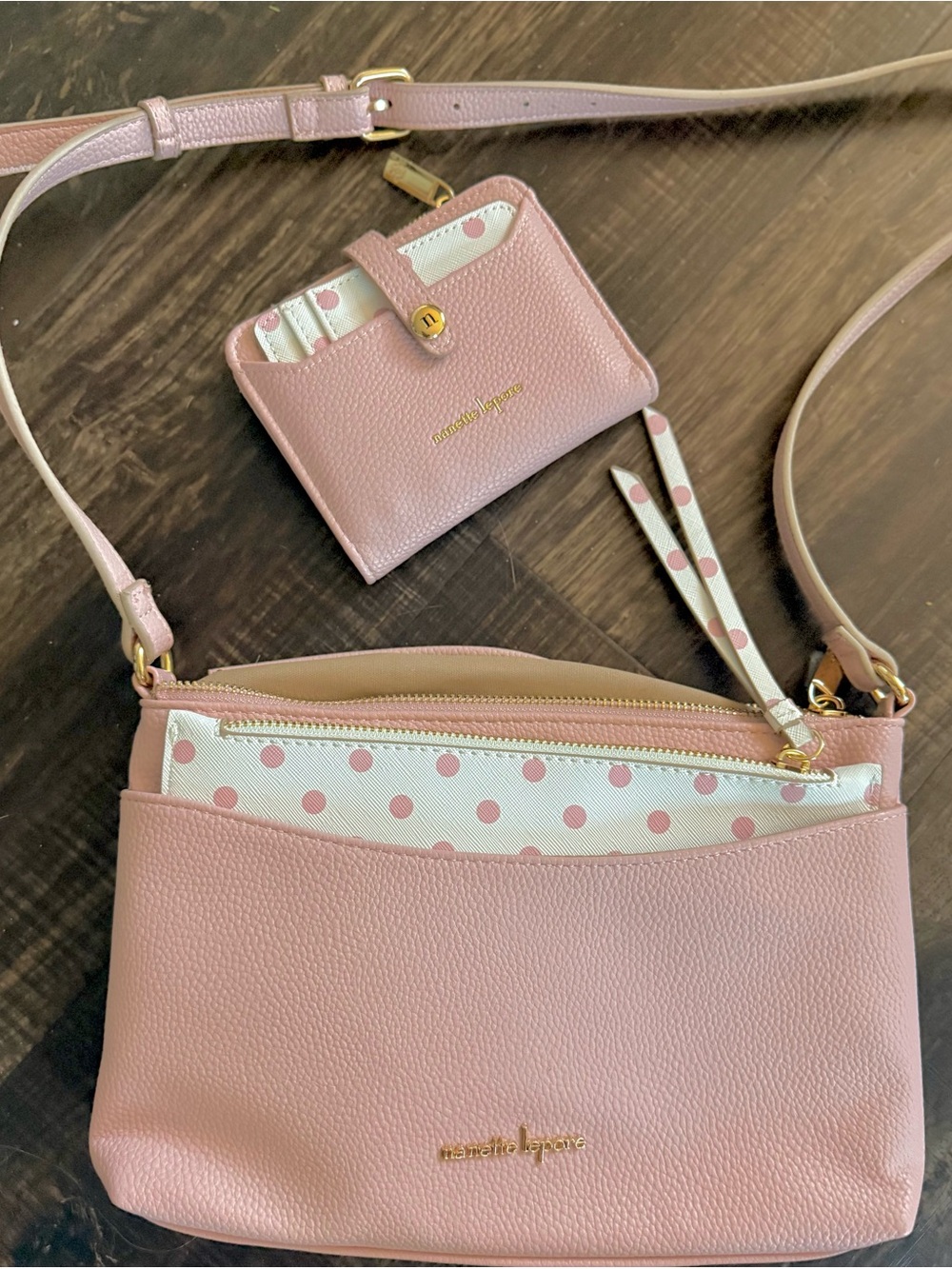 Nanette Lepore Pink Pebbled Crossbody with Polka Dot Card Wallet